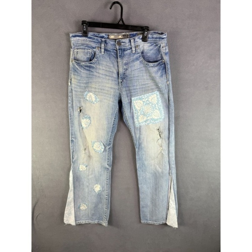 BKE Mens Jeans Size 34x31.5 Jake Bootcut PATCHES Kurt Kobain Y2K 70s Flare‎